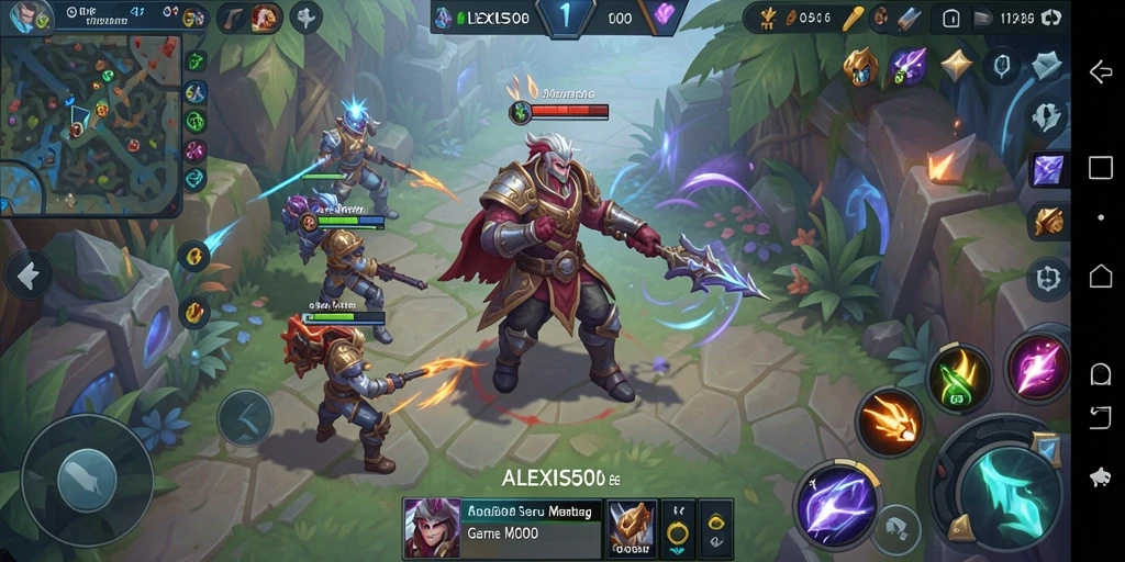 Screenshot utama ALEXIS500 menampilkan karakter beraksi di arena MOBA.