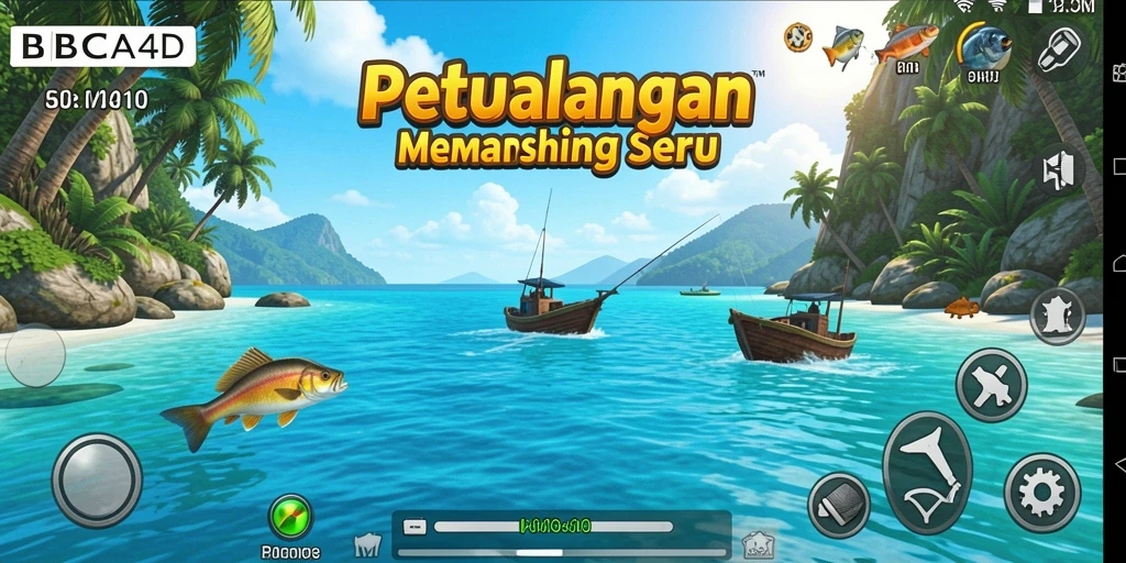 Tampilan gameplay BBCA4D yang seru saat memancing di perairan yang indah.