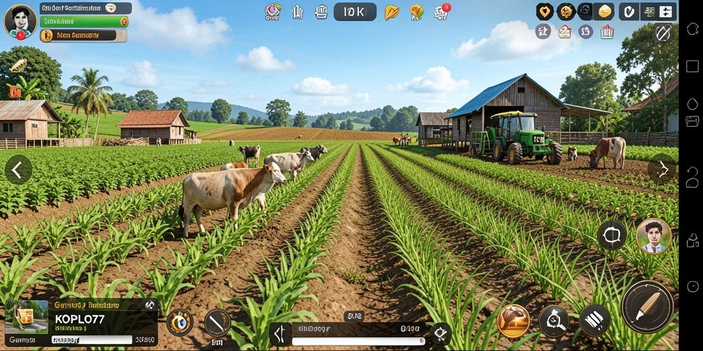 Tampilan gameplay KOPLO77 dengan aktivitas bertani yang seru.