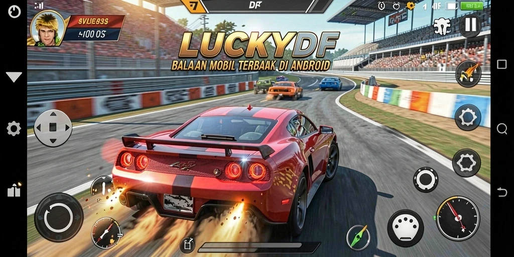 Tampilan gameplay LUCKYDF dengan mobil balap yang menakjubkan dan trek berliku.