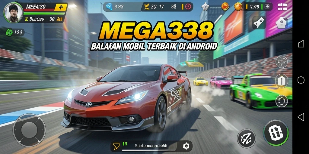 Tangkapan layar gameplay MEGA338 menampilkan aksi balapan yang mendebarkan.