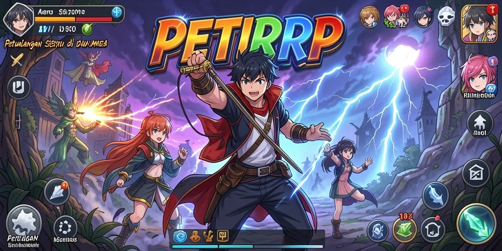 Tangkapan layar gameplay PETIRRP yang menampilkan petualangan anime yang seru.