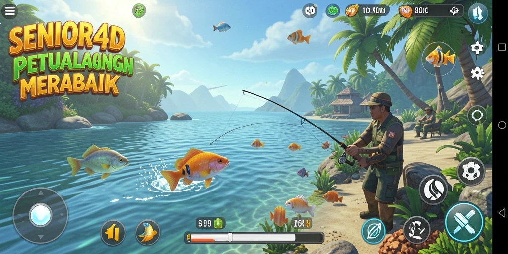 Tampilan gameplay SENIOR4D dengan aksi memancing seru.